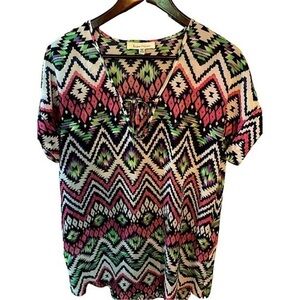 Francesca's Sheer Tunic Top Size S/M Short Sleeve V Neck Navy Pink & Green